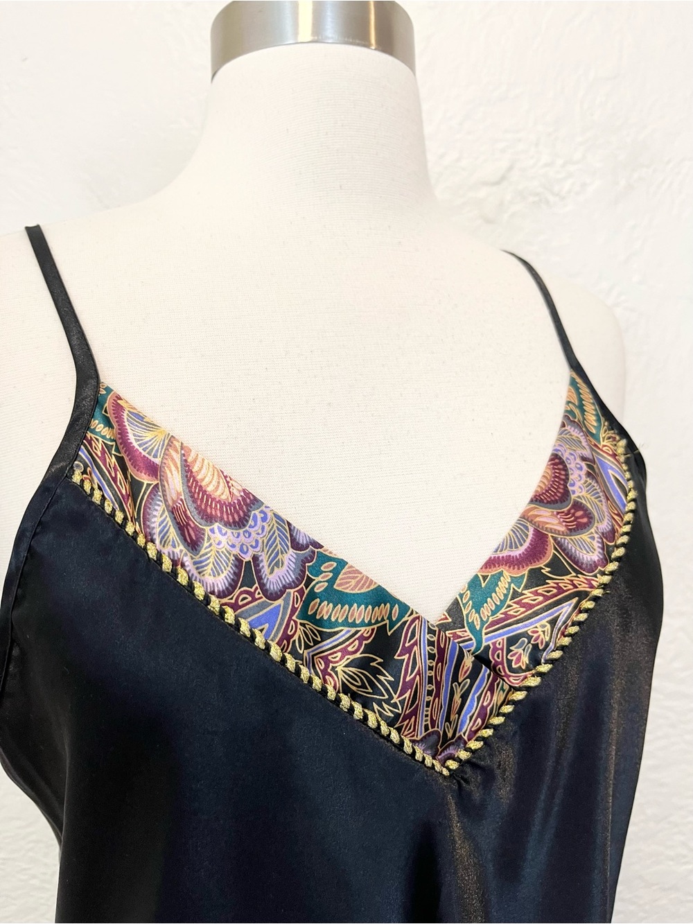 Vintage Slip Dress Black Satin Floral Trim Whimsical Dark Romantic Medium M